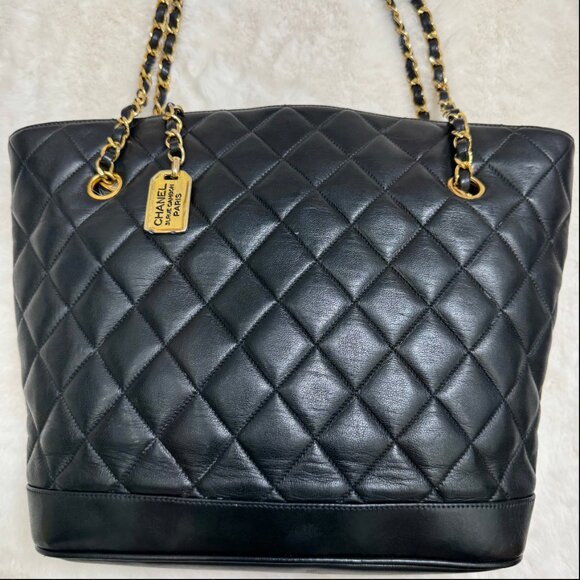 CHANEL Black lambskin Quilted Medium Matelassé Chain Tote/Shoulder Bag - Picture 1 of 7